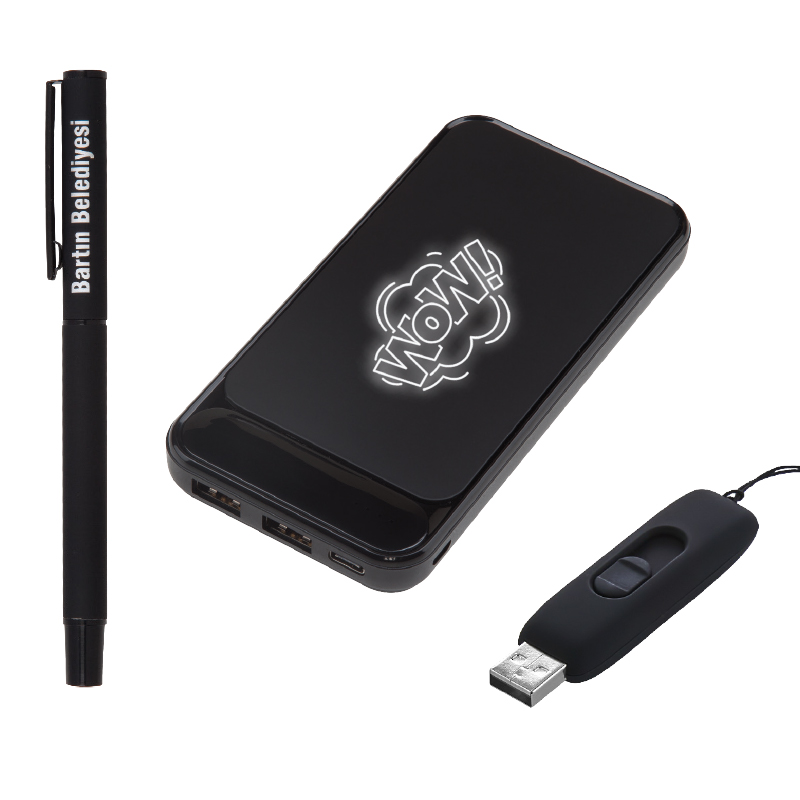 Promosyon Hediyelik Set - Led Işıklı 10.000Mah Powerbank - Led Işıklı Usb Bellek Led Işıklı Rubber Metal Kalem